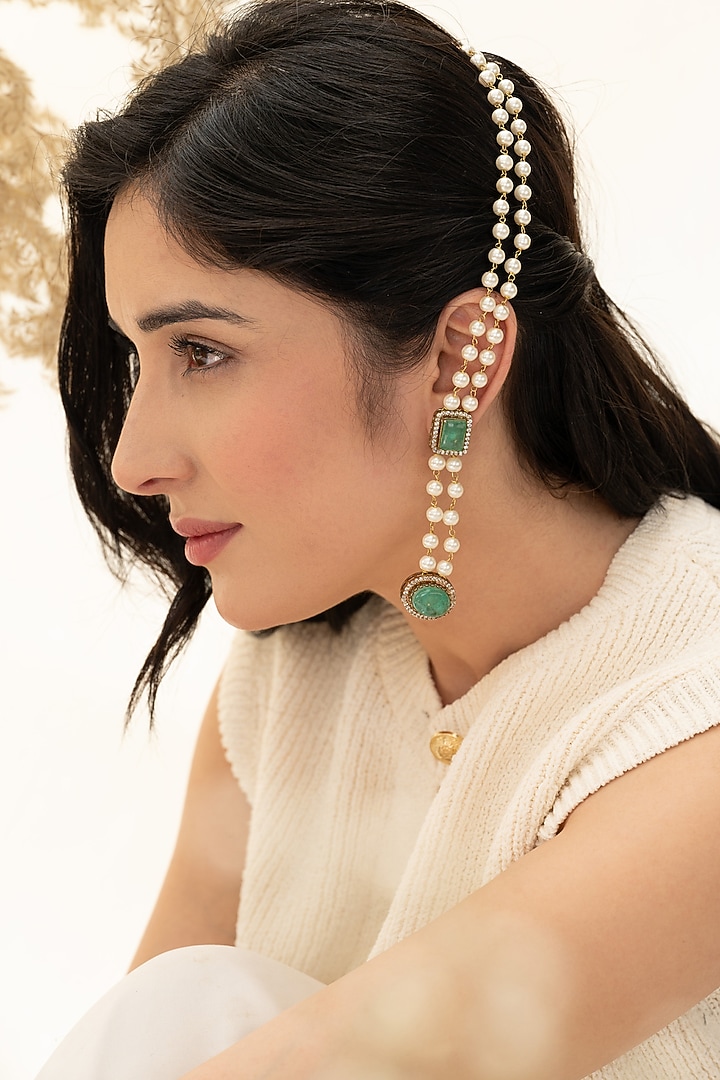Gold Plated Mint Fluorite Stone & Pearl Dangler Earrings by Do Taara at Pernia's Pop Up Shop