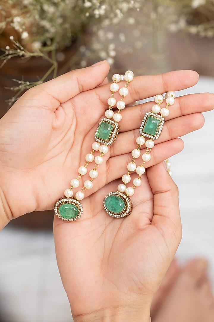 Gold Plated Mint Fluorite Stone & Pearl Dangler Earrings by Do Taara at Pernia's Pop Up Shop