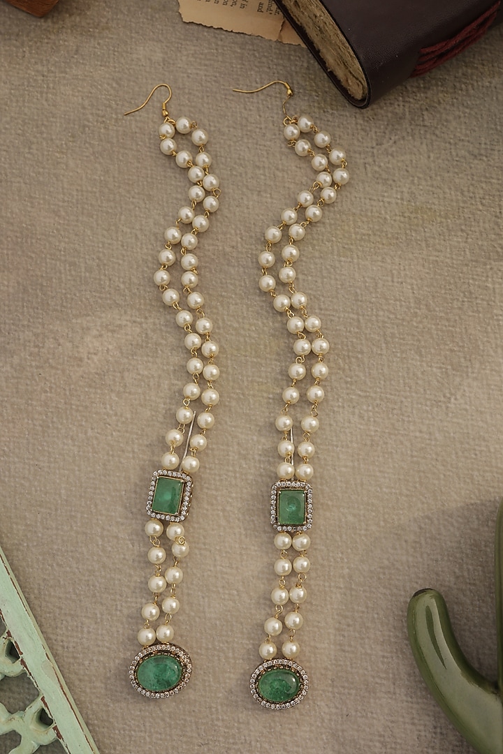 Gold Plated Mint Fluorite Stone & Pearl Dangler Earrings by Do Taara at Pernia's Pop Up Shop