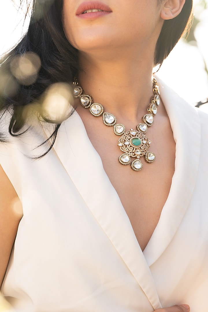 Gold Plated Kundan Polki & Mint Fluorite Stone Necklace by Do Taara at Pernia's Pop Up Shop
