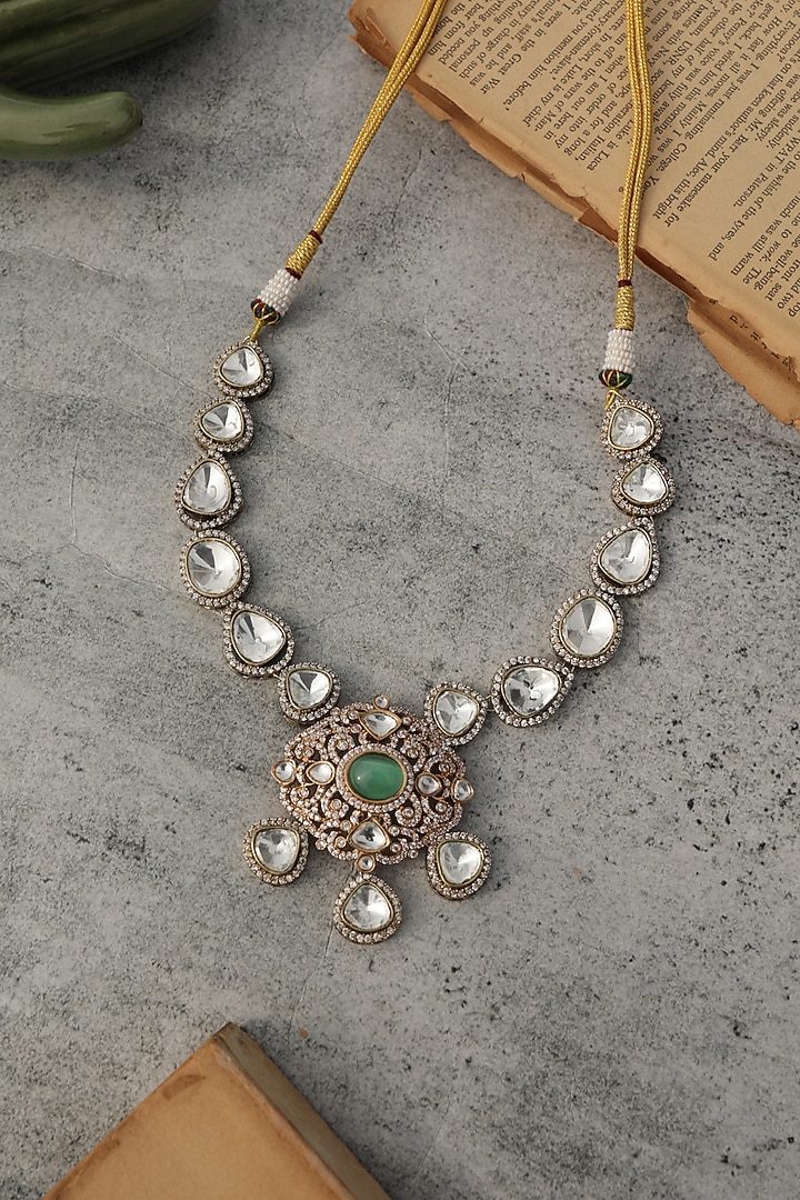 Gold Plated Kundan Polki & Mint Fluorite Stone Necklace by Do Taara at Pernia's Pop Up Shop