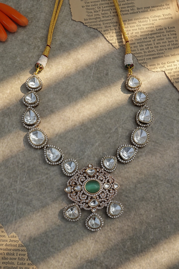 Gold Plated Kundan Polki & Mint Fluorite Stone Necklace by Do Taara at Pernia's Pop Up Shop