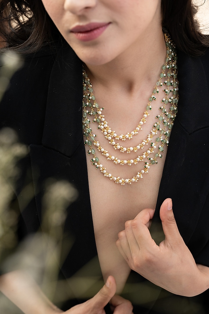 Gold Plated Shell Pearl & Mint Green Onyx Stone Layered Necklace by Do Taara at Pernia's Pop Up Shop