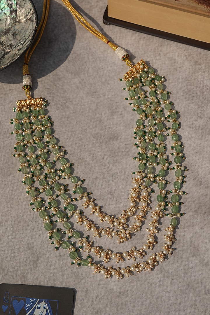 Gold Plated Shell Pearl & Mint Green Onyx Stone Layered Necklace by Do Taara at Pernia's Pop Up Shop