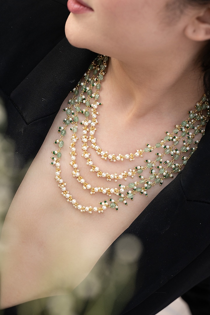 Gold Plated Shell Pearl & Mint Green Onyx Stone Layered Necklace by Do Taara at Pernia's Pop Up Shop