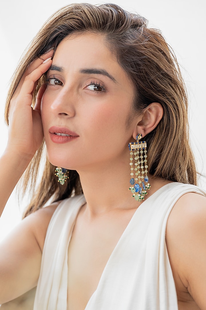 Gold Plated Mint Green & Blue Onyx Dangler Earrings by Do Taara at Pernia's Pop Up Shop