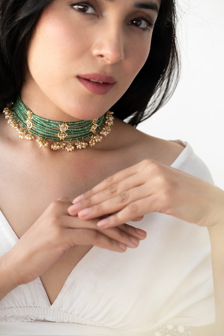 Gold Plated Kundan Polki & Green Onyx Choker Necklace by Do Taara at Pernia's Pop Up Shop