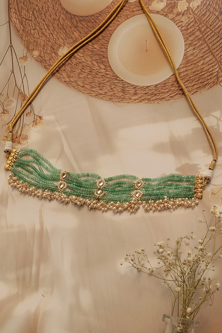 Gold Plated Kundan Polki & Green Onyx Choker Necklace by Do Taara at Pernia's Pop Up Shop