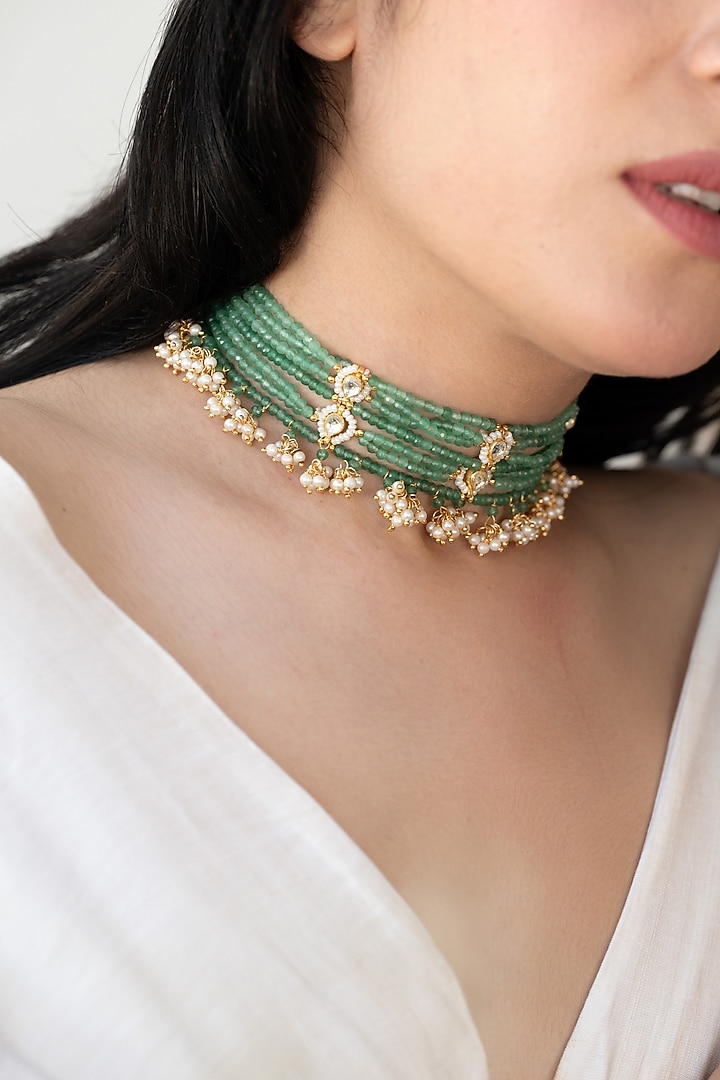 Gold Plated Kundan Polki & Green Onyx Choker Necklace by Do Taara at Pernia's Pop Up Shop