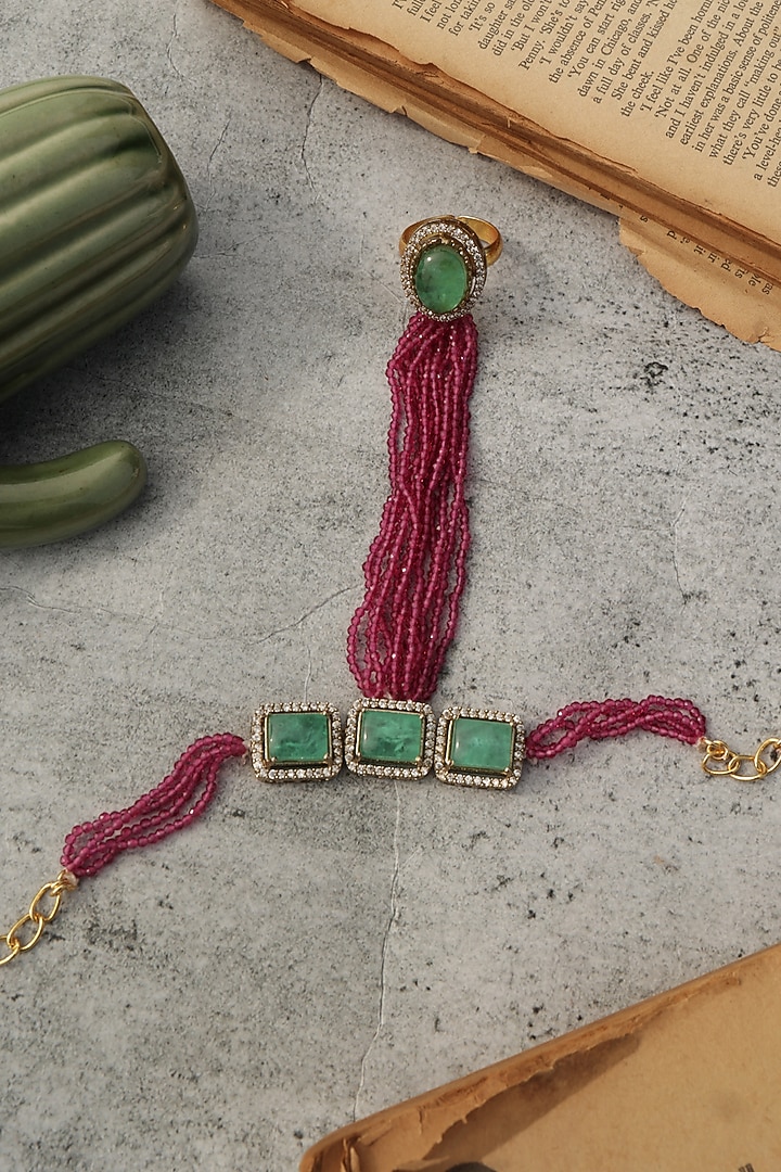 Gold Plated Mint Stone & Pink Hydro Stone Hathphool by Do Taara at Pernia's Pop Up Shop