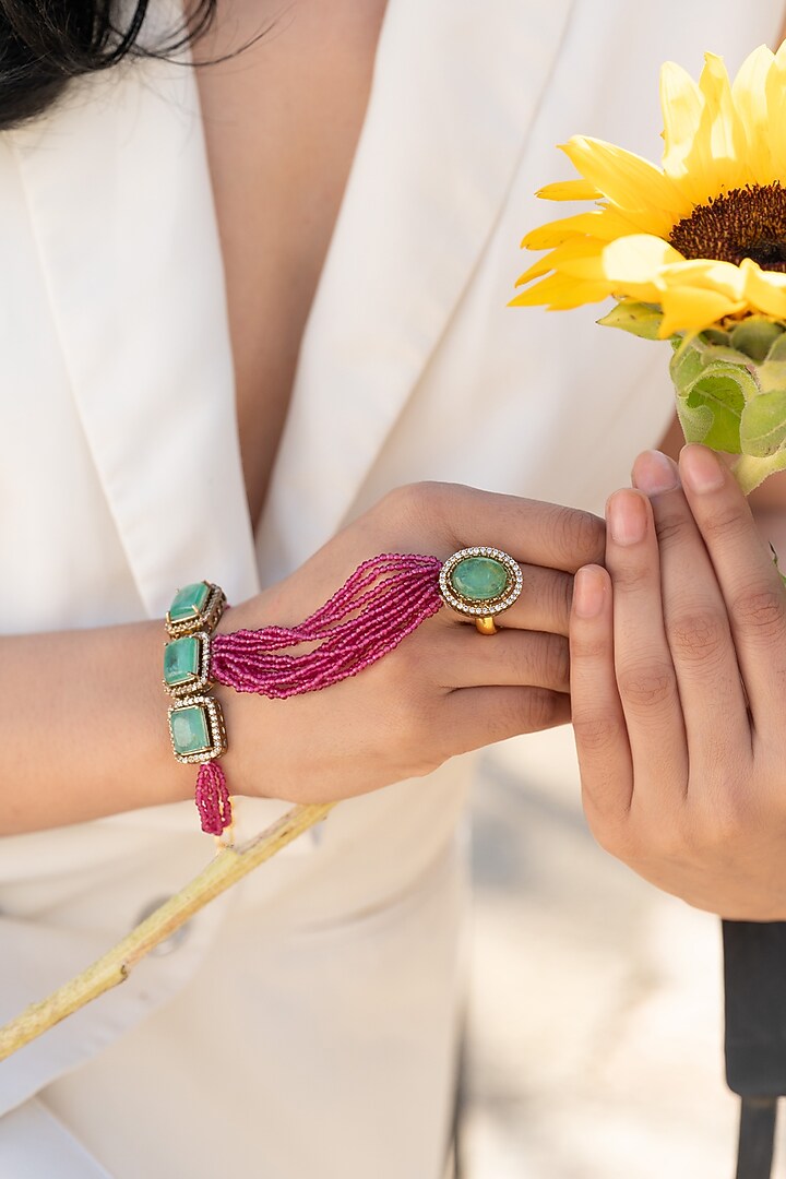 Gold Plated Mint Stone & Pink Hydro Stone Hathphool by Do Taara at Pernia's Pop Up Shop