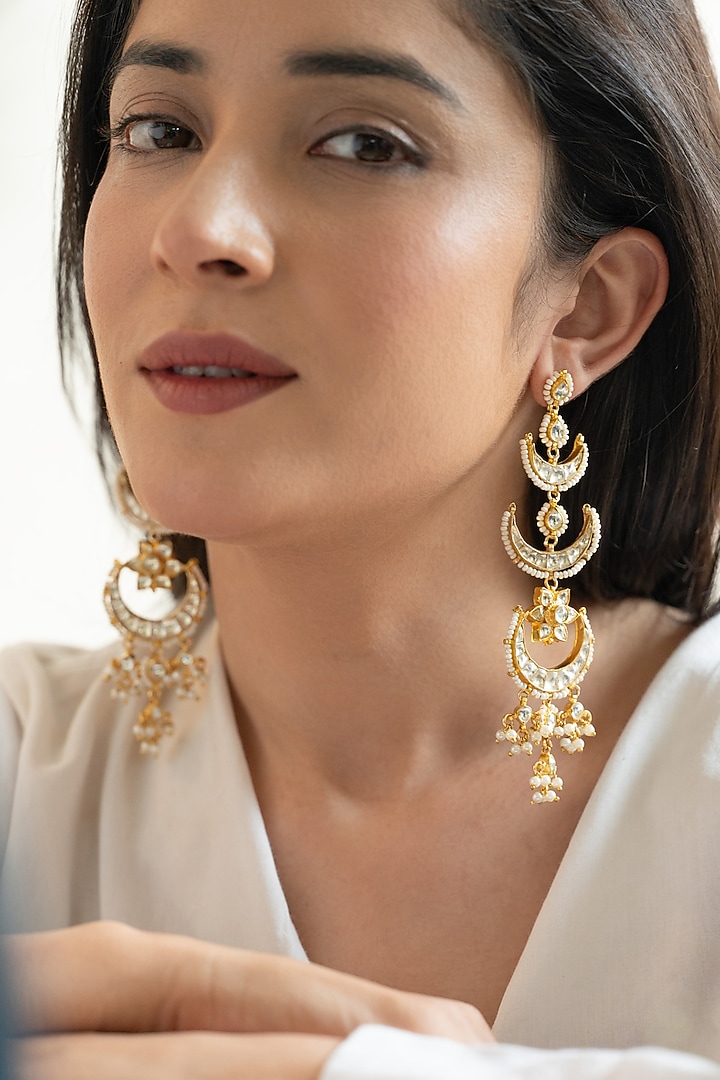 Gold Plated Kundan Polki & Shell Pearl Dangler Earrings by Do Taara at Pernia's Pop Up Shop