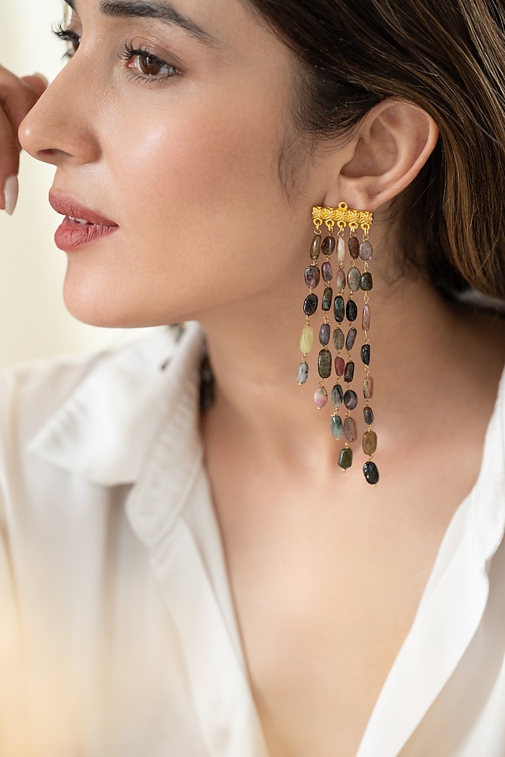 Gold Plated Multi-Colored Tourmaline Stone Dangler Earrings by Do Taara at Pernia's Pop Up Shop