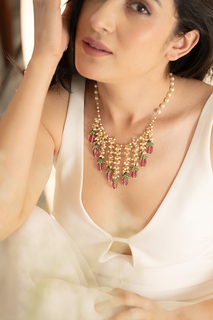 Gold Plated Water Pearls & Pink Tourmaline Stone Necklace by Do Taara at Pernia's Pop Up Shop