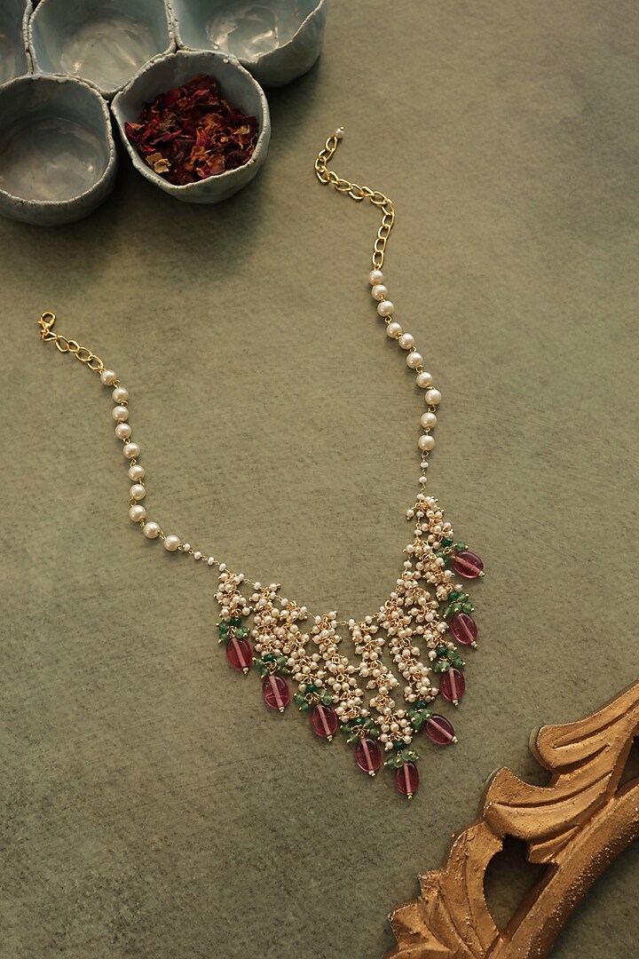 Gold Plated Water Pearls & Pink Tourmaline Stone Necklace by Do Taara at Pernia's Pop Up Shop