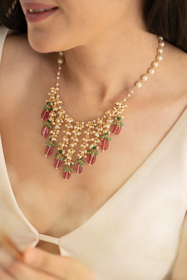 Gold Plated Water Pearls & Pink Tourmaline Stone Necklace by Do Taara at Pernia's Pop Up Shop