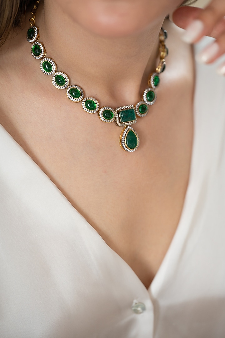 Gold Plated Emerald Green Stone & Cubic Zirconia Necklace by Do Taara at Pernia's Pop Up Shop