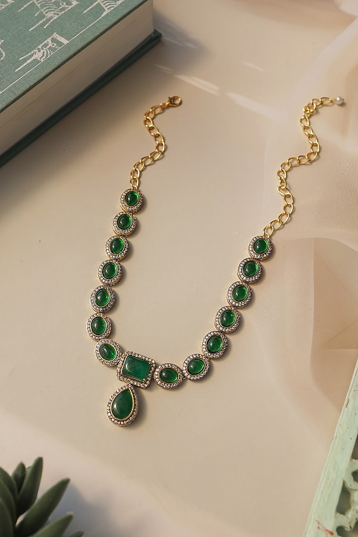 Gold Plated Emerald Green Stone & Cubic Zirconia Necklace by Do Taara at Pernia's Pop Up Shop
