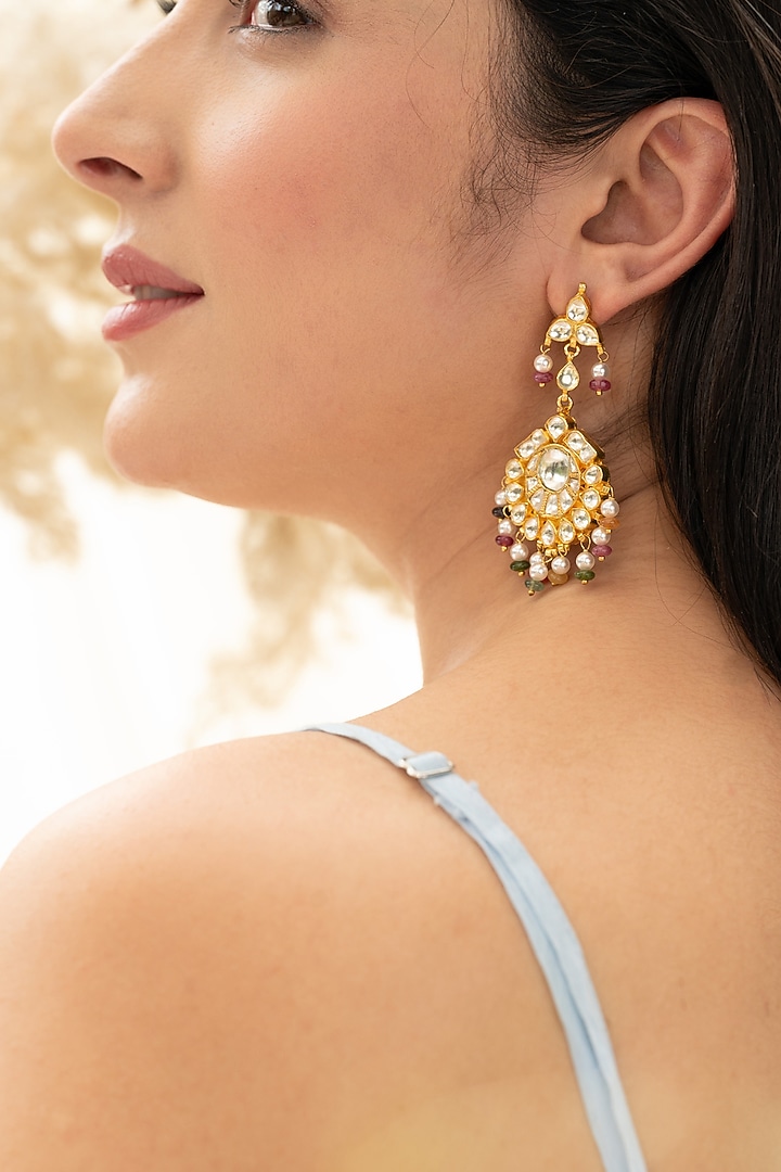 Gold Plated Kundan Polki & Multi-Colored Stone Dangler Earrings by Do Taara at Pernia's Pop Up Shop