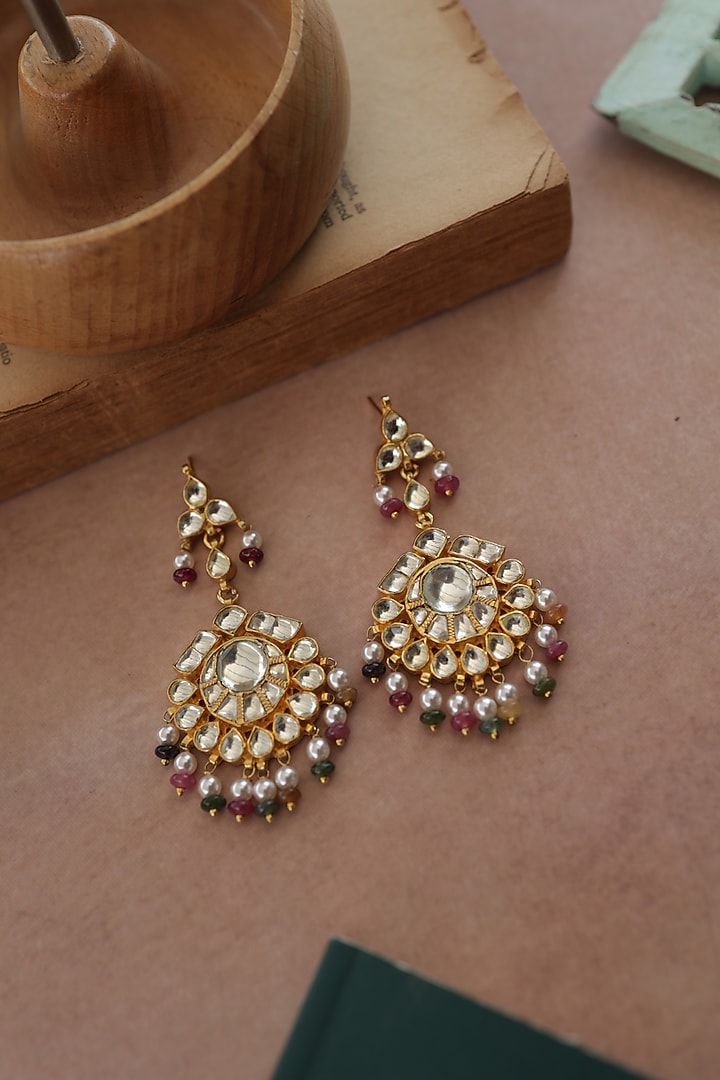 Gold Plated Kundan Polki & Multi-Colored Stone Dangler Earrings by Do Taara at Pernia's Pop Up Shop