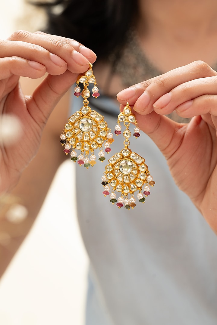 Gold Plated Kundan Polki & Multi-Colored Stone Dangler Earrings by Do Taara at Pernia's Pop Up Shop
