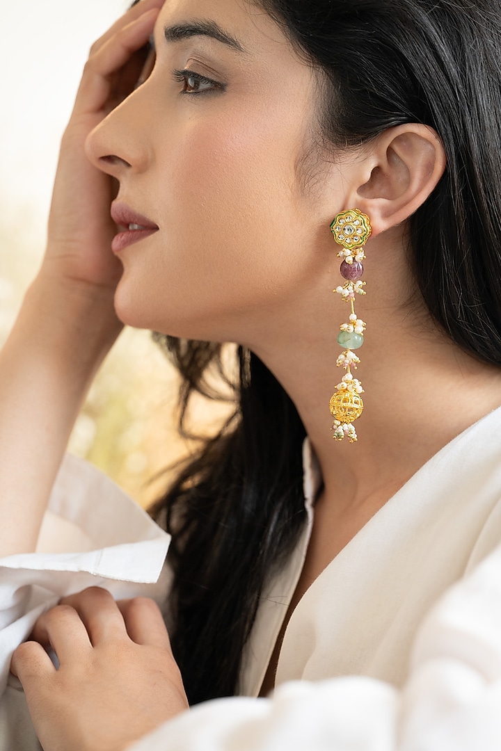 Gold Plated Kundan Polki & Natural Stone Dangler Earrings by Do Taara at Pernia's Pop Up Shop