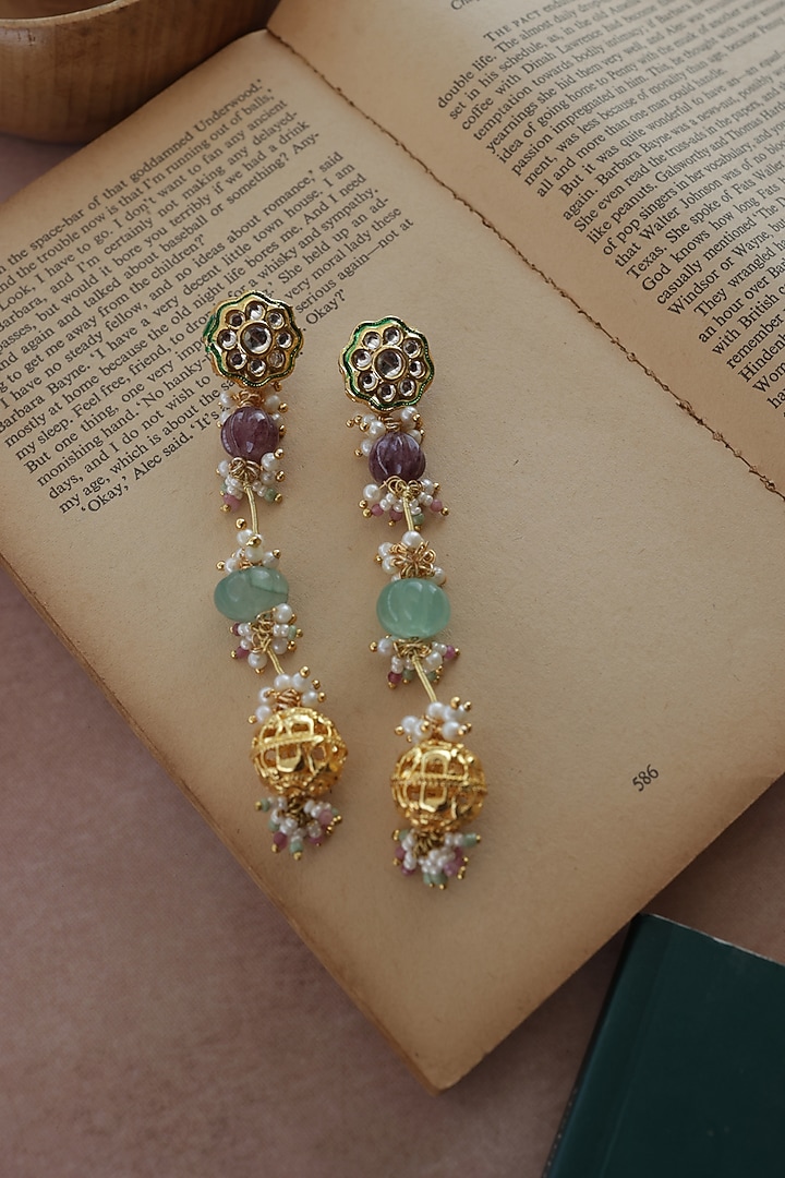 Gold Plated Kundan Polki & Natural Stone Dangler Earrings by Do Taara at Pernia's Pop Up Shop