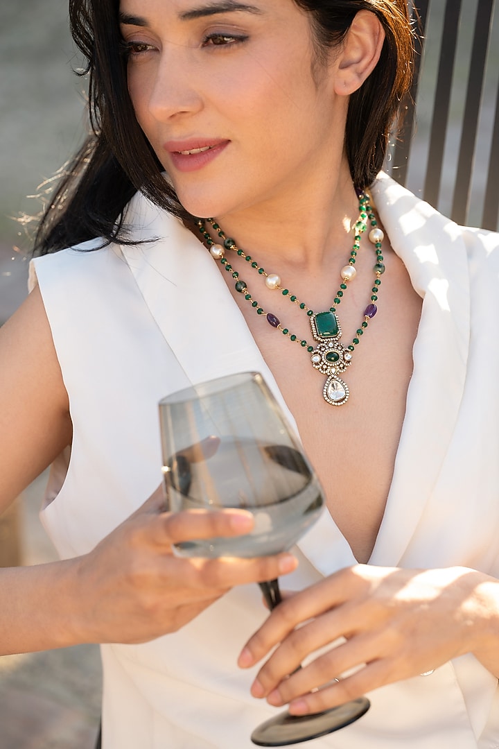 Gold Plated Kundan Polki & Natural Stone Layered Necklace by Do Taara at Pernia's Pop Up Shop