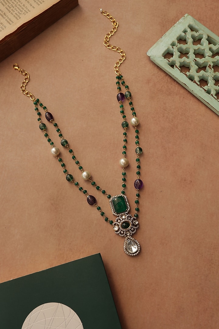 Gold Plated Kundan Polki & Natural Stone Layered Necklace by Do Taara at Pernia's Pop Up Shop
