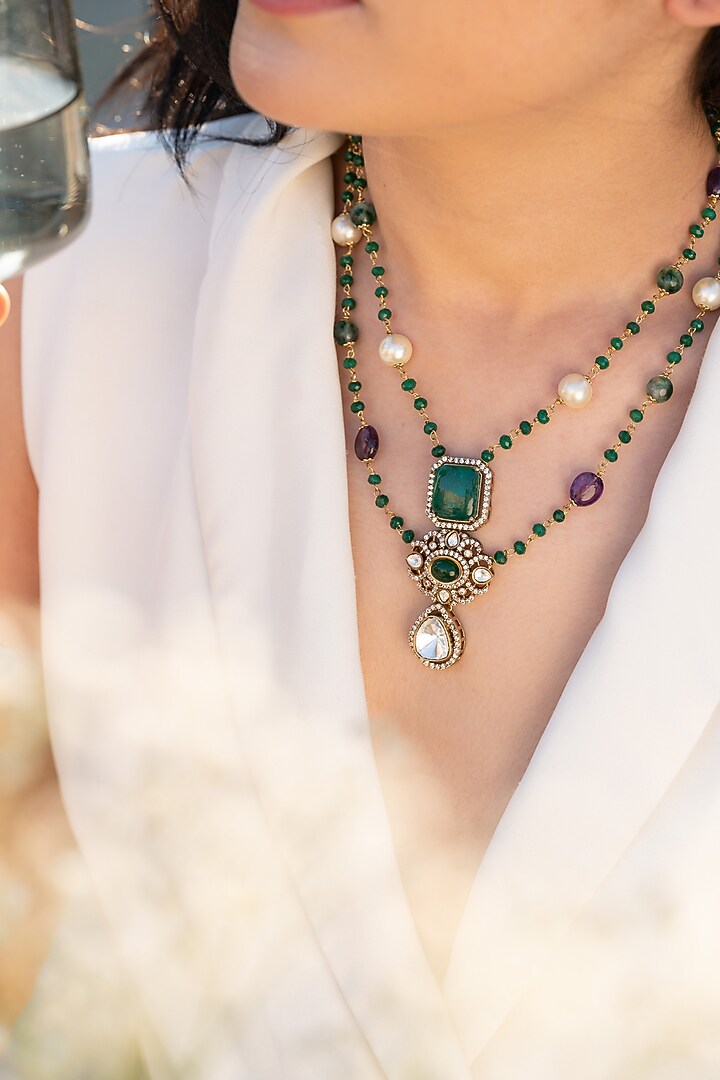 Gold Plated Kundan Polki & Natural Stone Layered Necklace by Do Taara at Pernia's Pop Up Shop