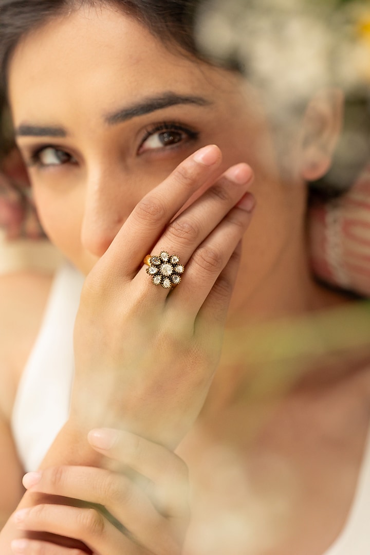 Gold Plated Kundan Polki Adjustable Floral Ring by Do Taara at Pernia's Pop Up Shop