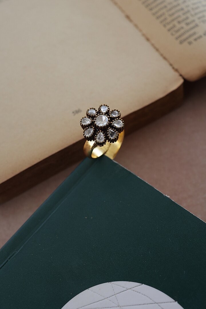 Gold Plated Kundan Polki Adjustable Floral Ring by Do Taara at Pernia's Pop Up Shop