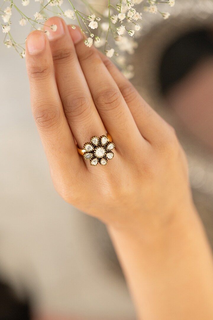 Gold Plated Kundan Polki Adjustable Floral Ring by Do Taara at Pernia's Pop Up Shop