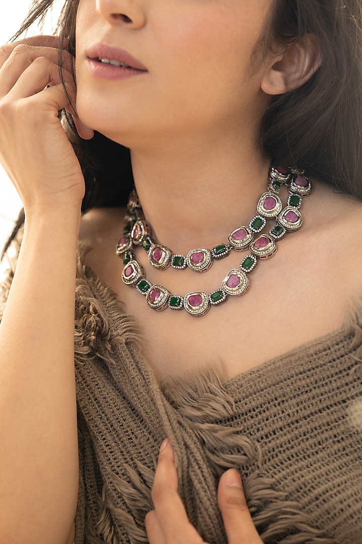 Gold Plated Cubic Zirconia & Purple Stone Layered Necklace Set by Do Taara at Pernia's Pop Up Shop