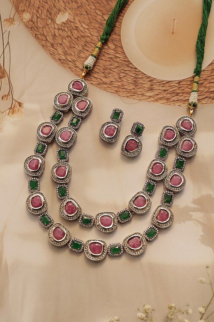 Gold Plated Cubic Zirconia & Purple Stone Layered Necklace Set by Do Taara at Pernia's Pop Up Shop
