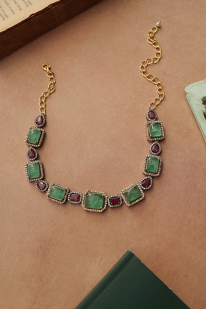 Gold Plated Mint Green Fluorite Stone & Cubic Zirconia Necklace by Do Taara at Pernia's Pop Up Shop