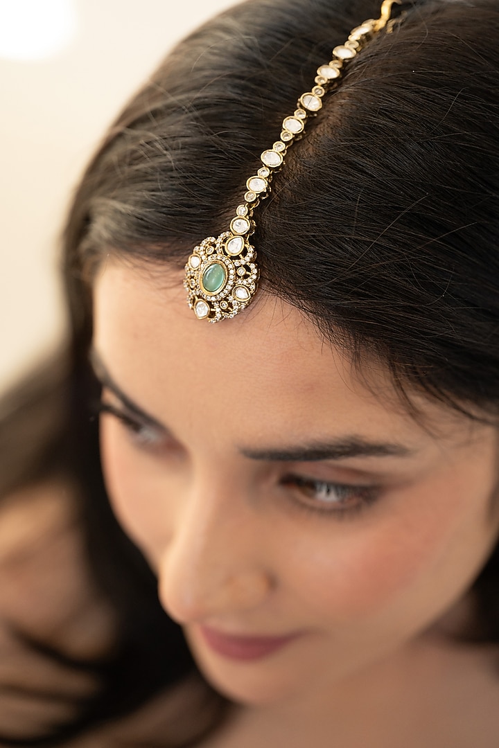 Gold Plated Mint Kundan Polki & Cubic Zirconia Maangtikka by Do Taara at Pernia's Pop Up Shop