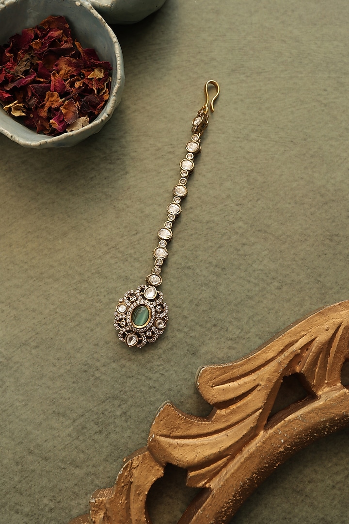 Gold Plated Mint Kundan Polki & Cubic Zirconia Maangtikka by Do Taara at Pernia's Pop Up Shop