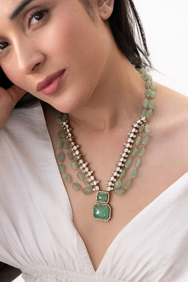 Gold Plated Kundan Polki & Mint Green Fluorite Stone Layered Necklace by Do Taara at Pernia's Pop Up Shop