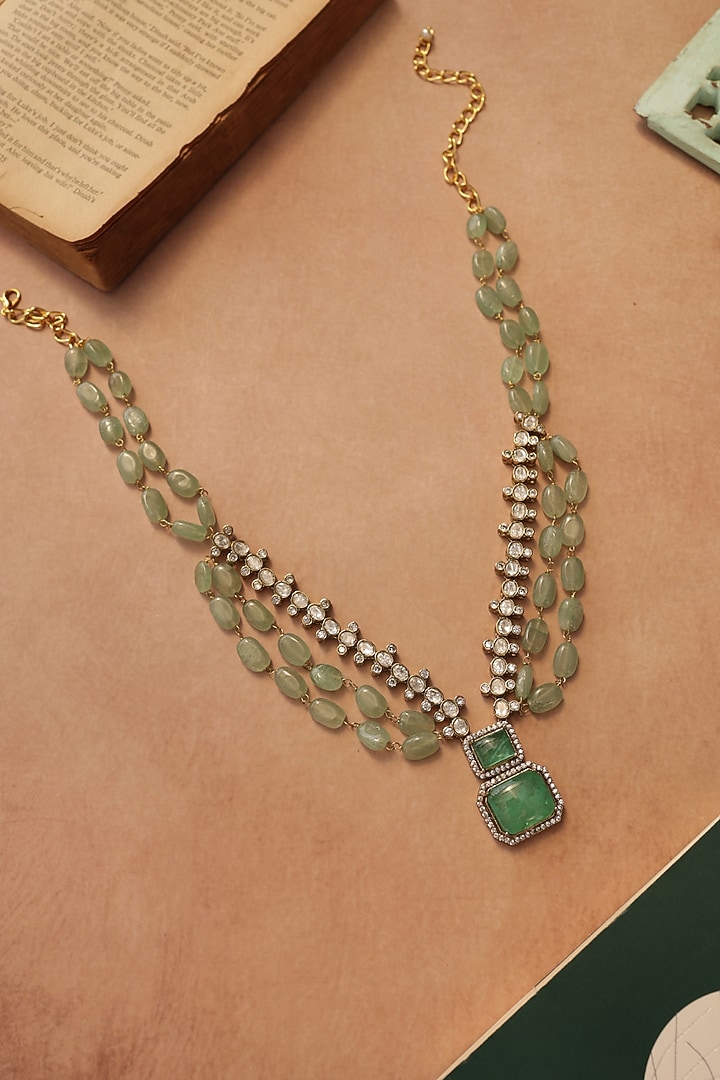 Gold Plated Kundan Polki & Mint Green Fluorite Stone Layered Necklace by Do Taara at Pernia's Pop Up Shop