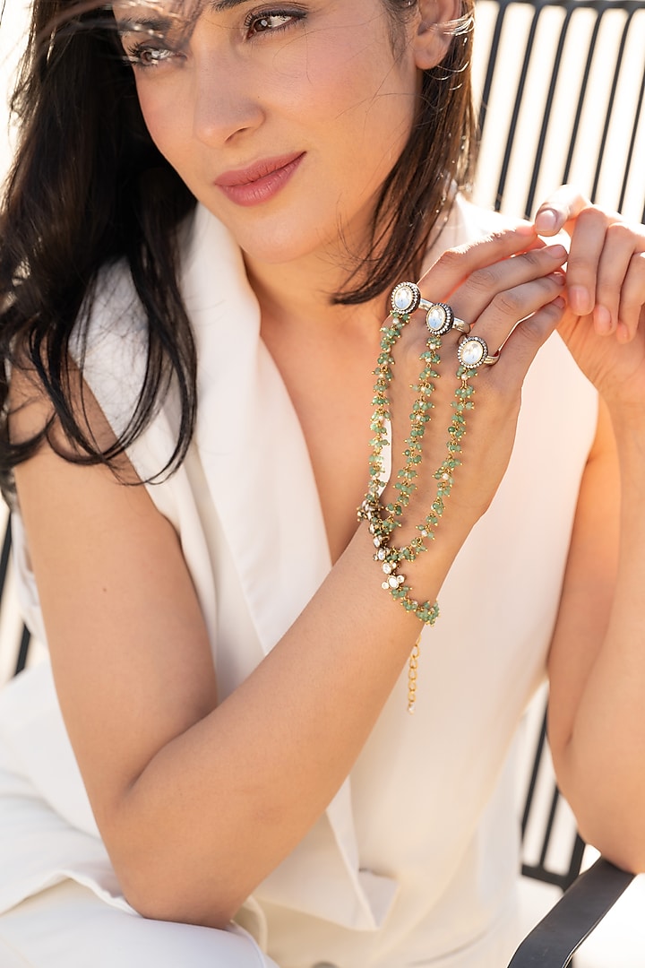 Gold Plated Kundan Polki & Mint Onyx Hathphool by Do Taara at Pernia's Pop Up Shop