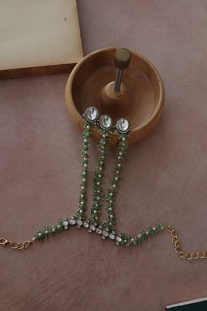 Gold Plated Kundan Polki & Mint Onyx Hathphool by Do Taara at Pernia's Pop Up Shop