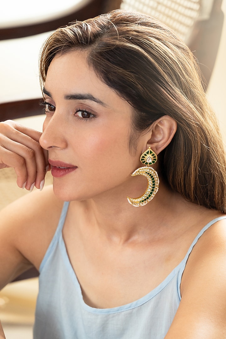 Gold Plated Kundan Polki & Pearl Dangler Earrings by Do Taara at Pernia's Pop Up Shop