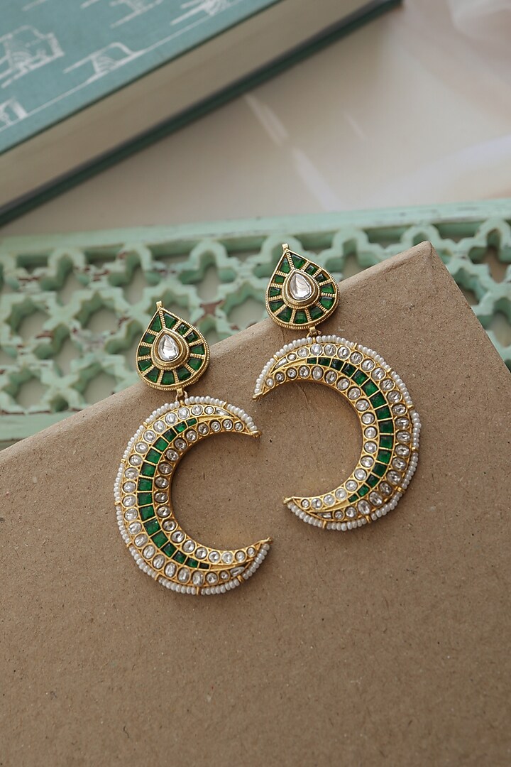 Gold Plated Kundan Polki & Pearl Dangler Earrings by Do Taara at Pernia's Pop Up Shop