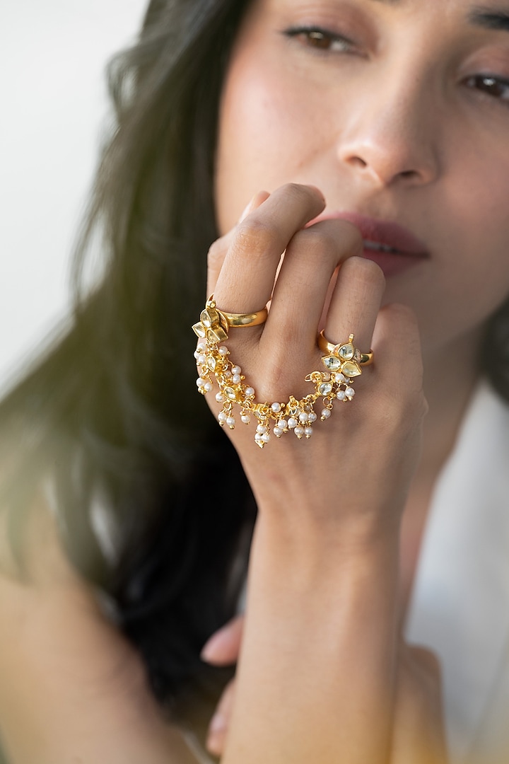 Gold Plated Kundan Polki & Pearl Ring by Do Taara at Pernia's Pop Up Shop