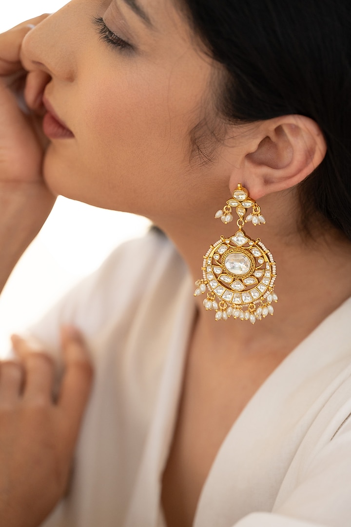 Gold Plated Kundan Polki & Seed Pearl Dangler Earrings by Do Taara at Pernia's Pop Up Shop