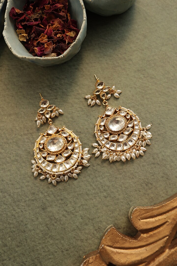 Gold Plated Kundan Polki & Seed Pearl Dangler Earrings by Do Taara at Pernia's Pop Up Shop