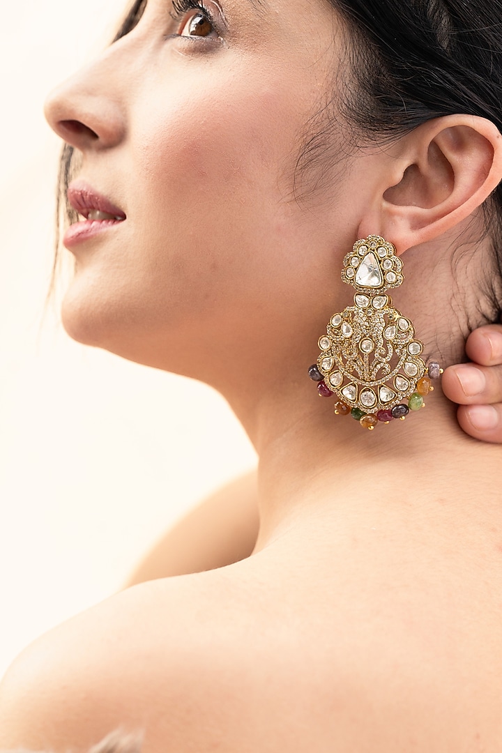 Gold Plated Kundan Polki & Multi-Colored Stone Dangler Earrings by Do Taara at Pernia's Pop Up Shop