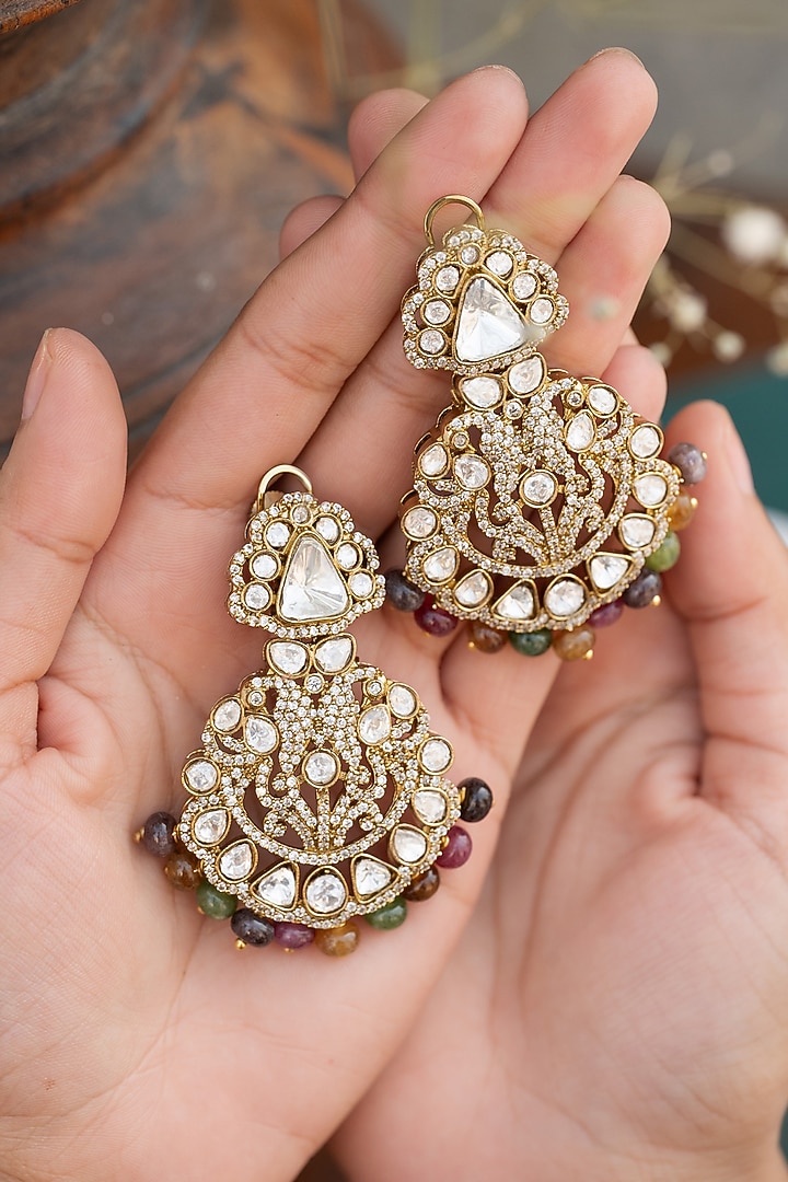 Gold Plated Kundan Polki & Multi-Colored Stone Dangler Earrings by Do Taara at Pernia's Pop Up Shop