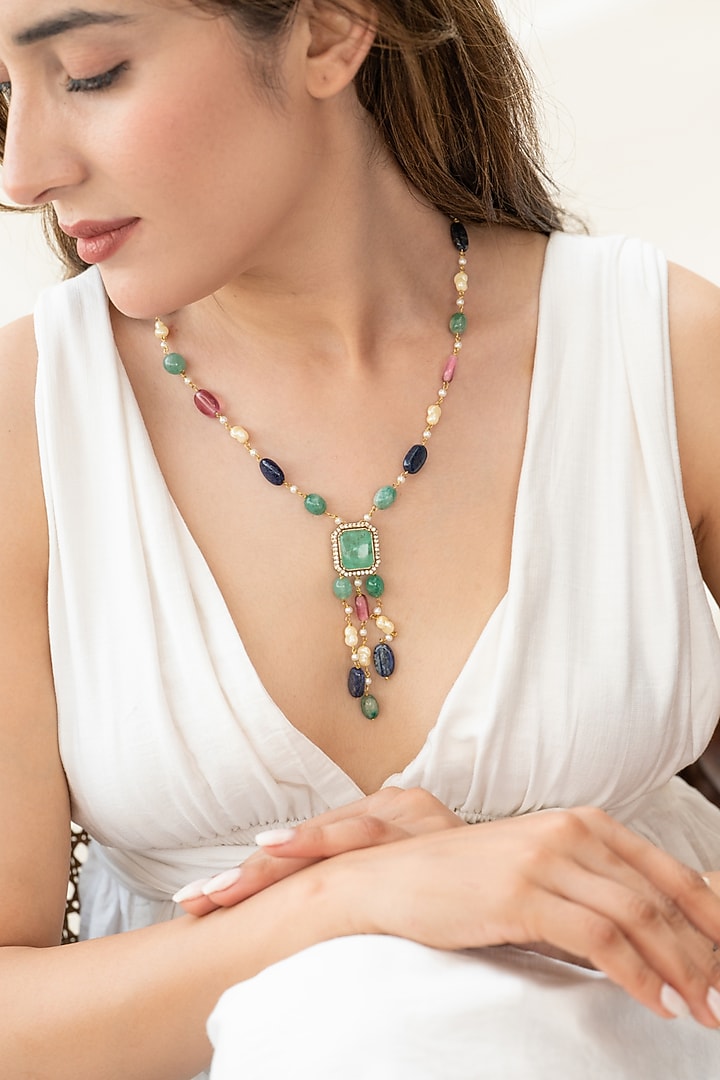 Gold Plated Stone & Pearl Necklace by Do Taara at Pernia's Pop Up Shop